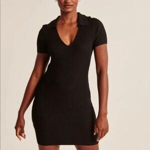 Abercrombie Polo Elevated‎ Knit Mini Dress Ribbed Black Bodycon Collared l Small